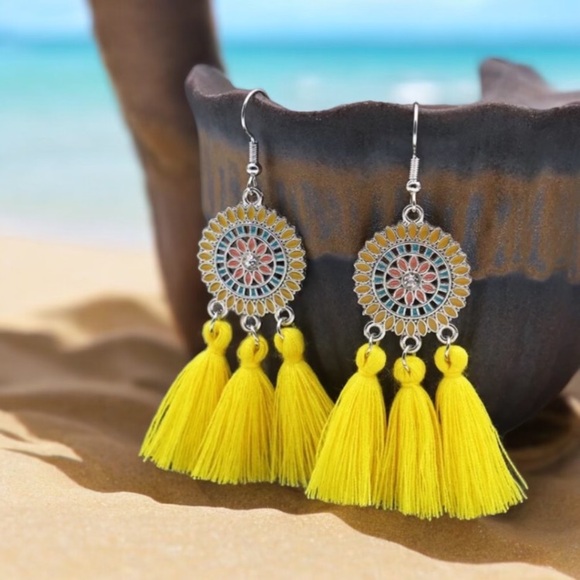 Yellow geometric boho dream catcher drop earrings - Picture 1 of 2